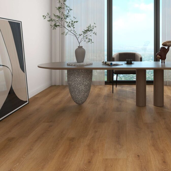 Raumfoto eines Klick Vinyls in dunkelbrauner Holzoptik in einem Büro. 