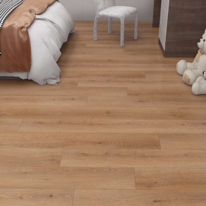 Raumfoto eines beigen Vinylbodens in Holzoptik mit braunen Elementen für eine möglichst realistische Holzimitation. Erkennbar ist ein Kinderzimmer.