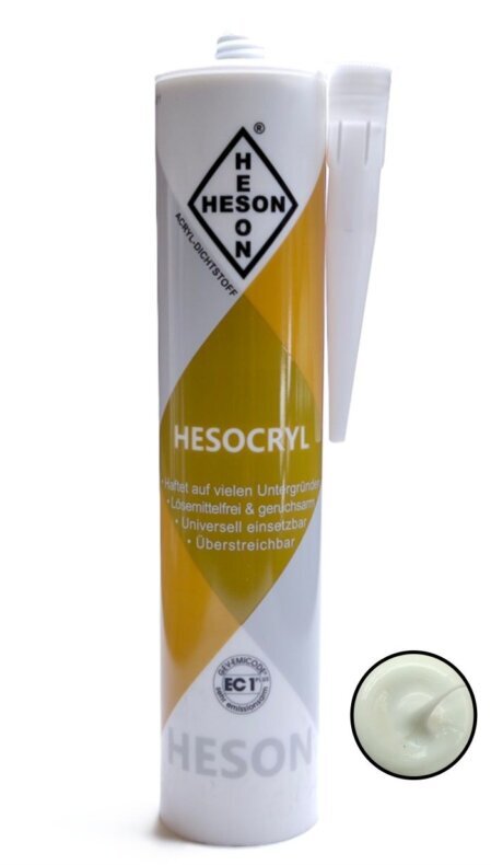 Acryl-Dichtstoff des Herstellers Heson in der Farbe Weiß. Haftet auf vielen Untergründen, lösemittelfrei und geruchsarm, universell einsetzbar und überstreichbar.