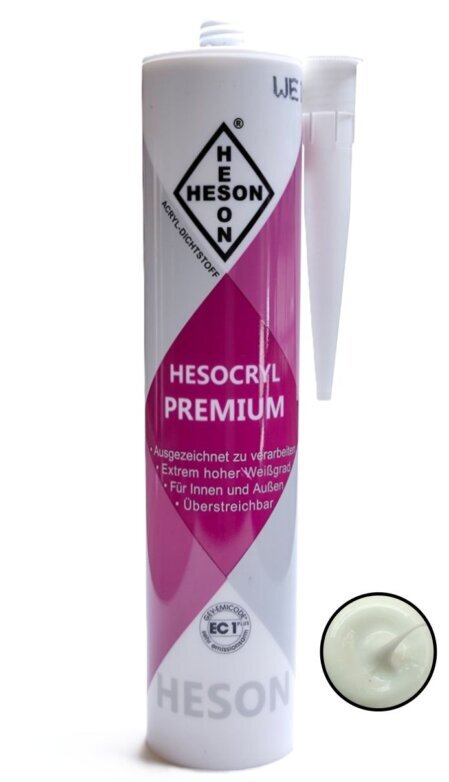 Acryl-Dichtstoff des Herstellers Heson in der Farbe Weiß. Ausgezeichnet zu verarbeiten, extrem hoher Weißgrad, für Innen und Außen und überstreichbar.