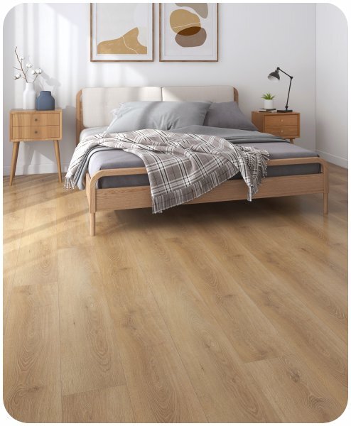 Vinyl in brauner Holzoptik in einem Schlafzimmer