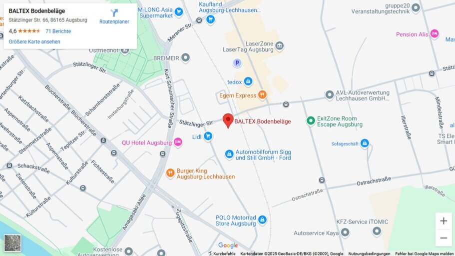 Screenshot des Standorts von Baltex Bodenbeläge in der Stätzlingerstraße 66, 86165 Augsburg 