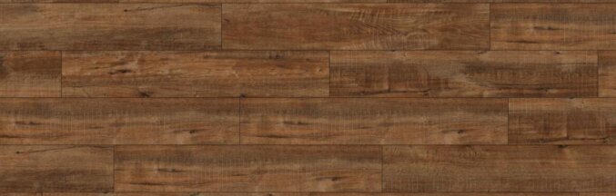 Nahaufnahme eines Laminats mit breiten Dielen in dunkelbrauner Eichenholzoptik mit dunklen Furchen.