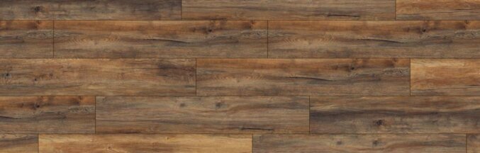Nahaufnahme eines Laminats mit breiten Dielen in dunkelbrauner und dunkelgrauer Eichenholzoptik in mit sehr dunklen Furchen