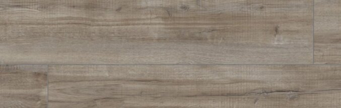 Nahaufnahme des Laminats Montmelo Eiche Silber D3662. Das Laminat hat eine rustikale Eichenholzoptik mit dunklen Rissen und breite Dielen. Gefärbt in einem silbrigen dunkelgrauen Farbton.