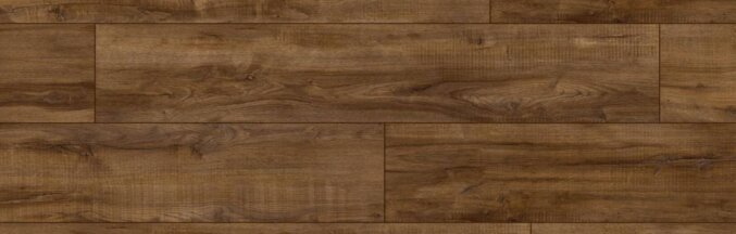 Nahaufnahme des Laminats Montmelo Eiche Toffee D3664. Das Laminat hat eine eher rustikale Eichenholzoptik und breite Dielen. Gefärbt in einem sehr dunkelbraunen Farbton.