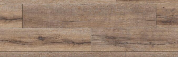 Nahaufnahme des Laminats Pettersson Rift Oak D3044. Das Laminat hat eine rustikale Eichenholzoptik mit schwarzen und langen Rissen sowie breite Dielen. Gefärbt in einer Mischung aus Grau und Braun.