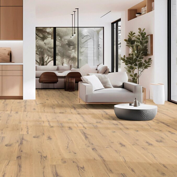 Parkett aus Eichenholz mit gebürsteter Oberfläche in hellem Braunton. Schwarze Furchen und Risse sorgen für eine rustikale Optik. Raumfoto in einem Wohnzimmer.