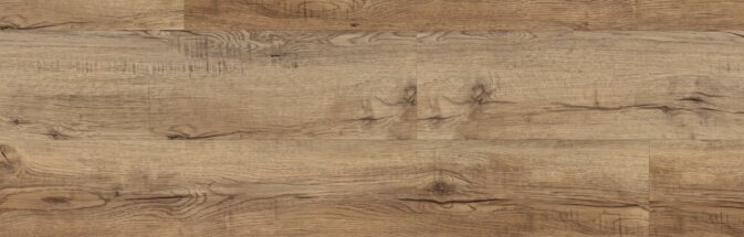 Bild einer Diele Klick Vinyl Eiche Tabacco. Rustikale und dunkelbraune Holzoptik mit klar sichtbaren schwarzen Rissen 