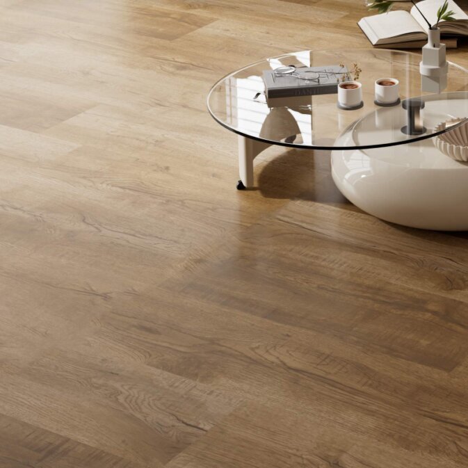 Raumfoto eines Klick Vinyls in dunkelbrauner Eichenholzoptik mit rustikaler Optik